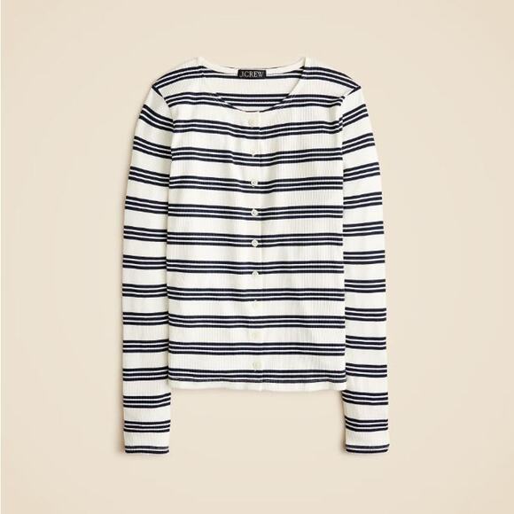 J. Crew Women's Stripe Fine Rib Knit Button Cardigan CI343 White Blue Size L NWT - Picture 1 of 2
